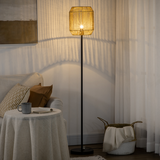 HOMCOM Farmhouse Floor Lamp for Living Room Bedroom with Rattan Wicker, Natural