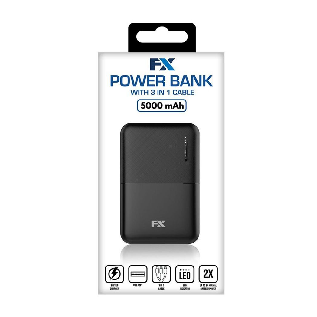 FX Power Bank 5000 mAh with Type C Input, Compitable with smartphones - Black