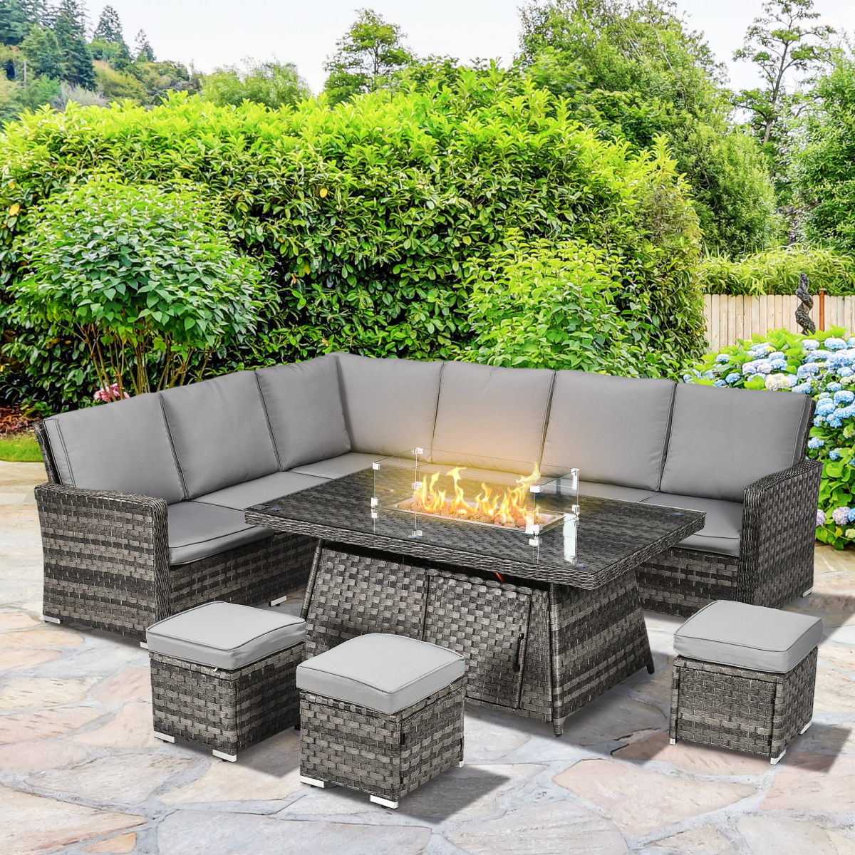 Outsunny 7 Pieces Rattan Garden Furniture Set w/ 50,000 BTU Gas Fire Pit Table