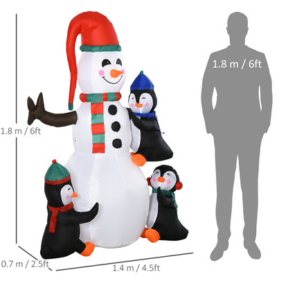 6ft Inflatable Christmas Snowman with Three Penguins LED Outdoor Yard Deco
