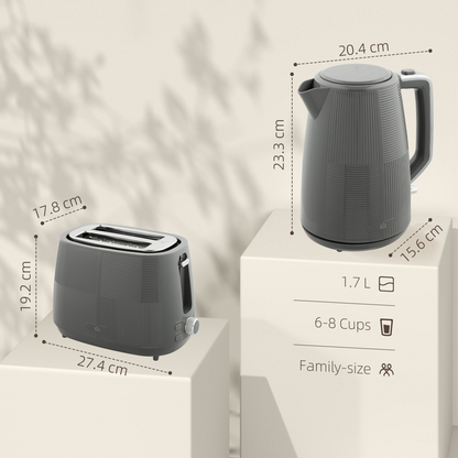 HOMCOM 1.7L Fast Boil Electric Kettle and 2 Slice Water Toaster Set, Grey