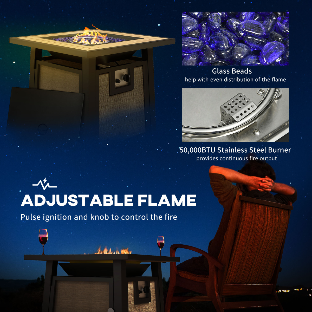 Outsunny Gas Fire Pit Table with 50,000 BTU Burner, Cover, Glass Beads, Brown