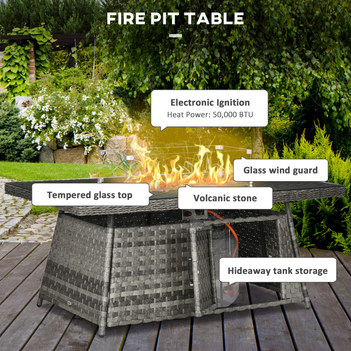 Outsunny 7 Pieces Rattan Garden Furniture Set w/ 50,000 BTU Gas Fire Pit Table