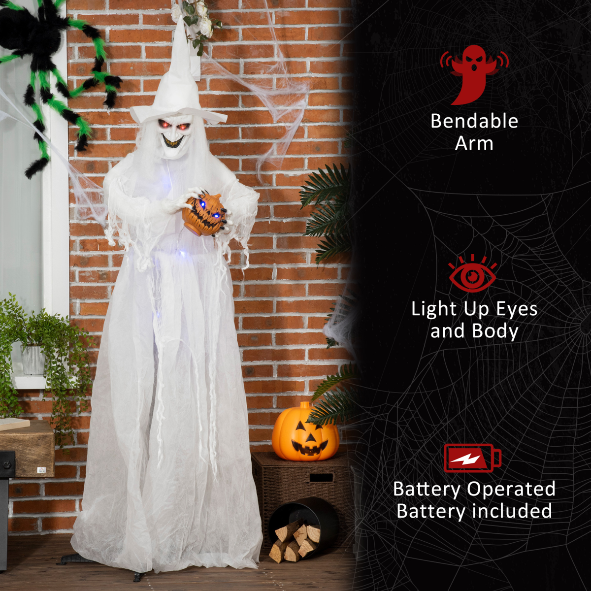 72 Inch Halloween White Witch Holding Pumpkin Skeleton Ghost Motion Lighted Up