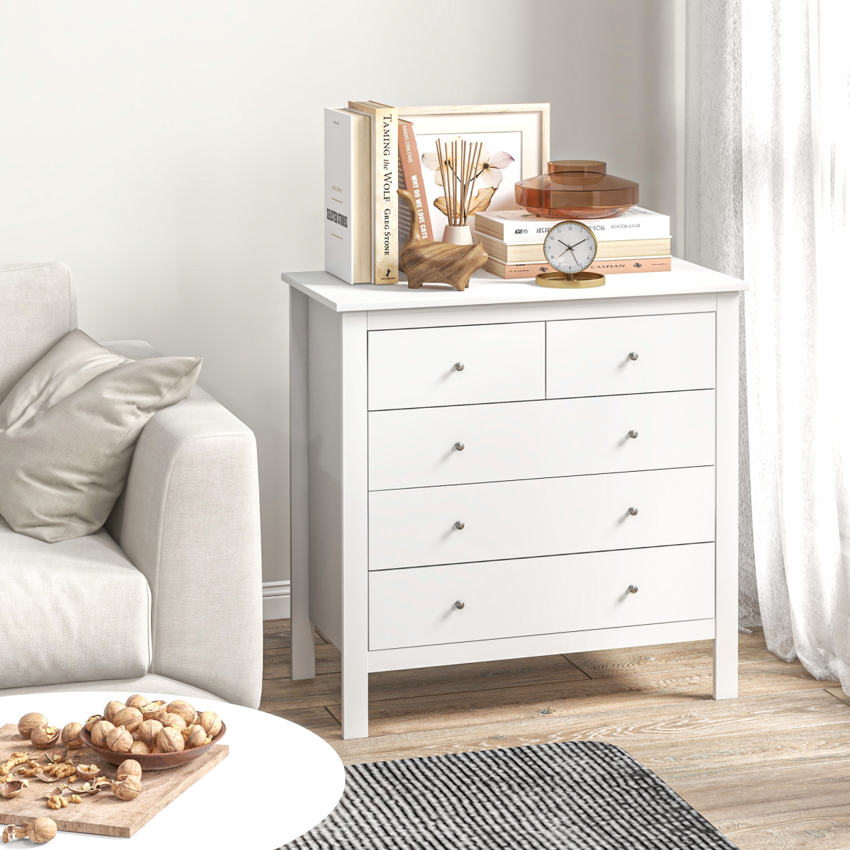 Modern Chest of Drawers, 5 Drawer Storage Cabinet White