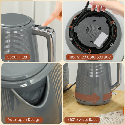 HOMCOM 1.7L Fast Boil Electric Kettle and 2 Slice Water Toaster Set, Grey