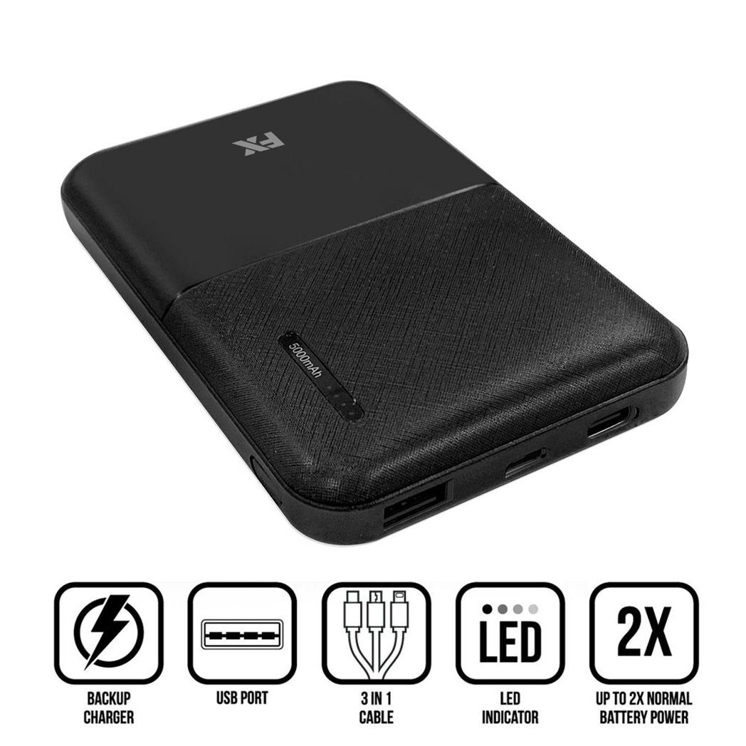 FX Power Bank 5000 mAh with Type C Input, Compitable with smartphones - Black