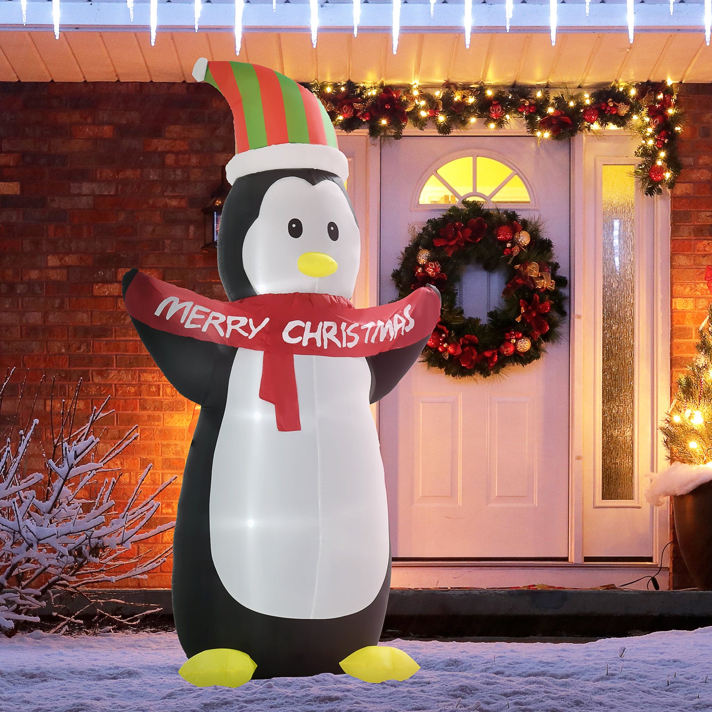 HOMCOM 8ft Inflatable Penguin & Christmas Banner Decoration Inner LED Lights