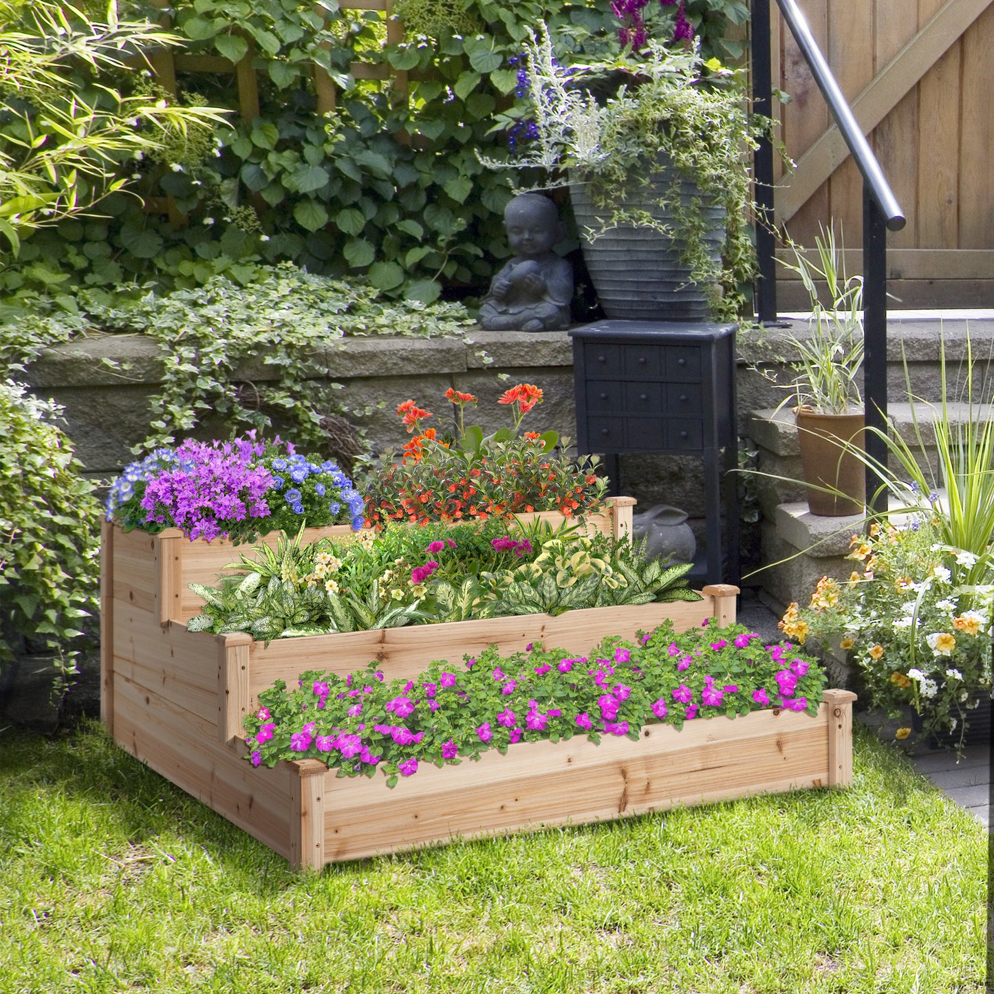 Wooden Raised Bed 3-Tier Planter Kit Elevated Plant Box 124x124x56cm