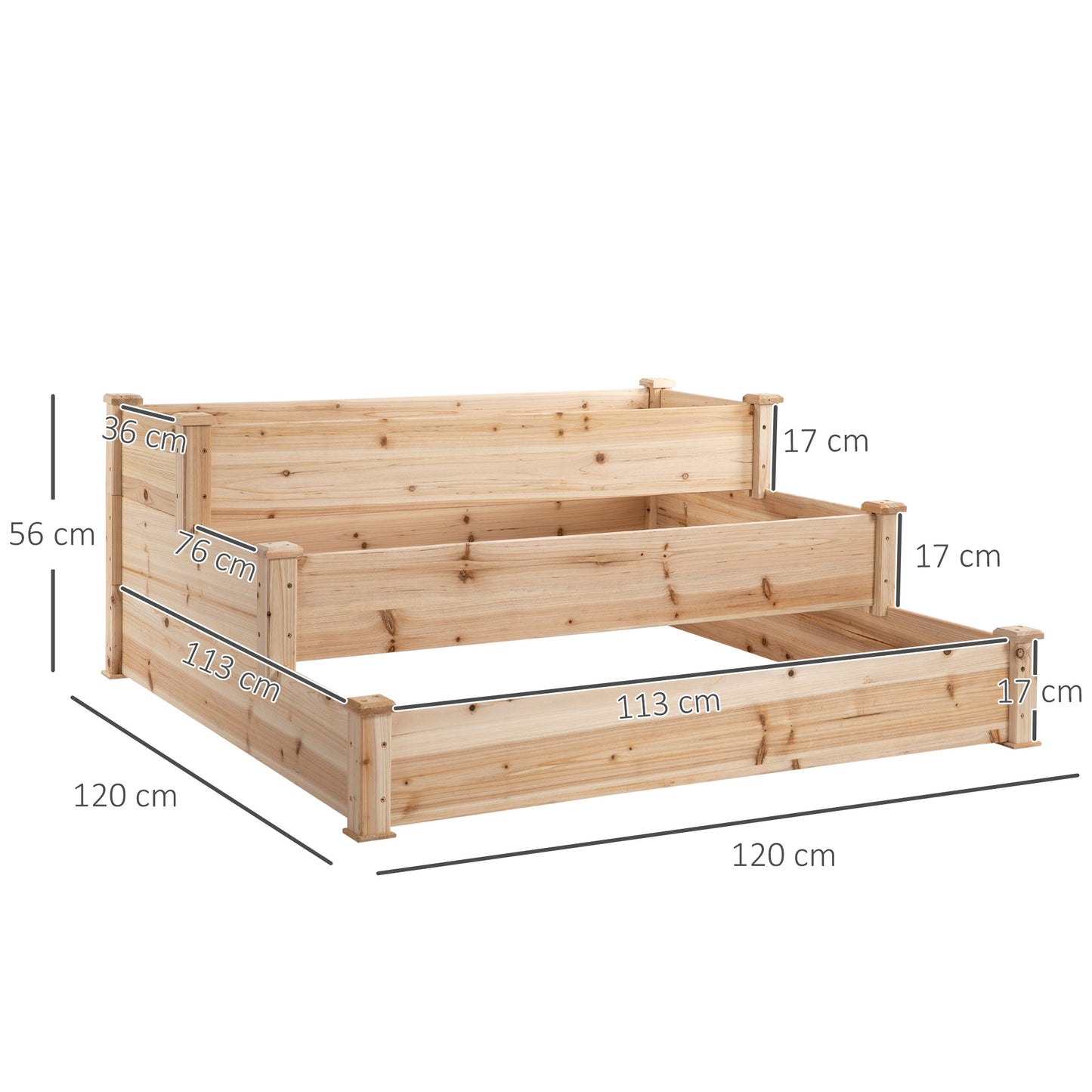 Wooden Raised Bed 3-Tier Planter Kit Elevated Plant Box 124x124x56cm